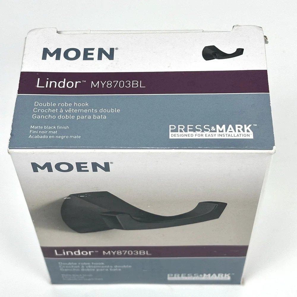 Moen Lindor MY8703BL Double Robe Hook Matte Black Press & Mark New Open Box